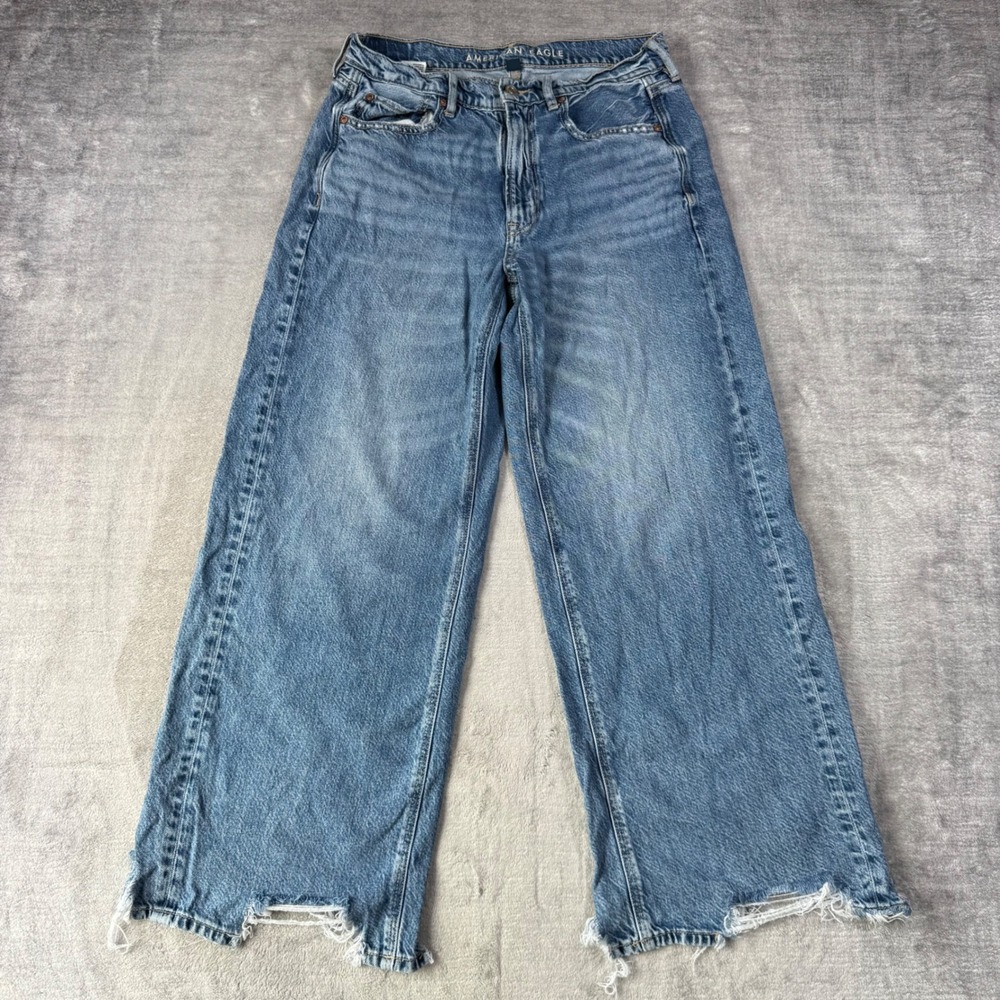 American Eagle Jeans Womens 6 Short Blue Baggy Wide Leg Super High Rise Raw Hem